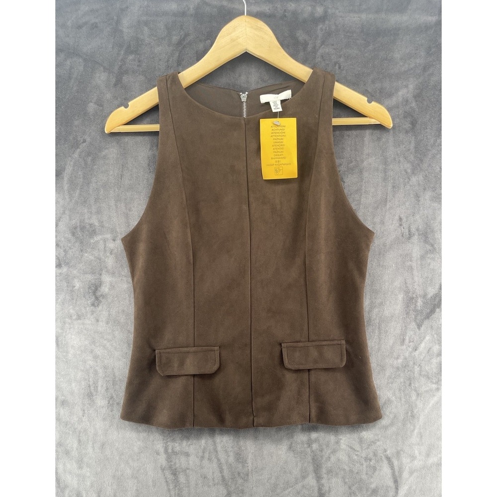 NEW H&M Women's Brown Faux Suede Sleeveless Top Blouse Back Zip Size S